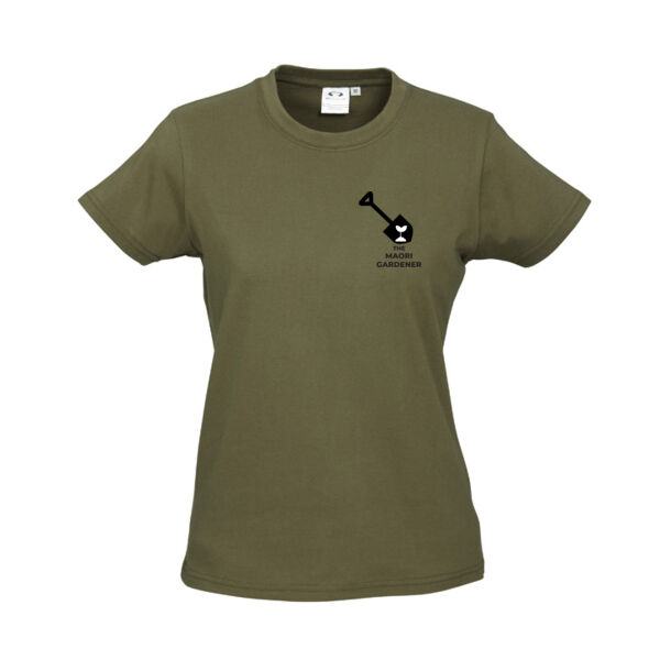 Womens Dark Tees, Front TMG Lapel Logo & LG2 Graphic on Back Thumbnail